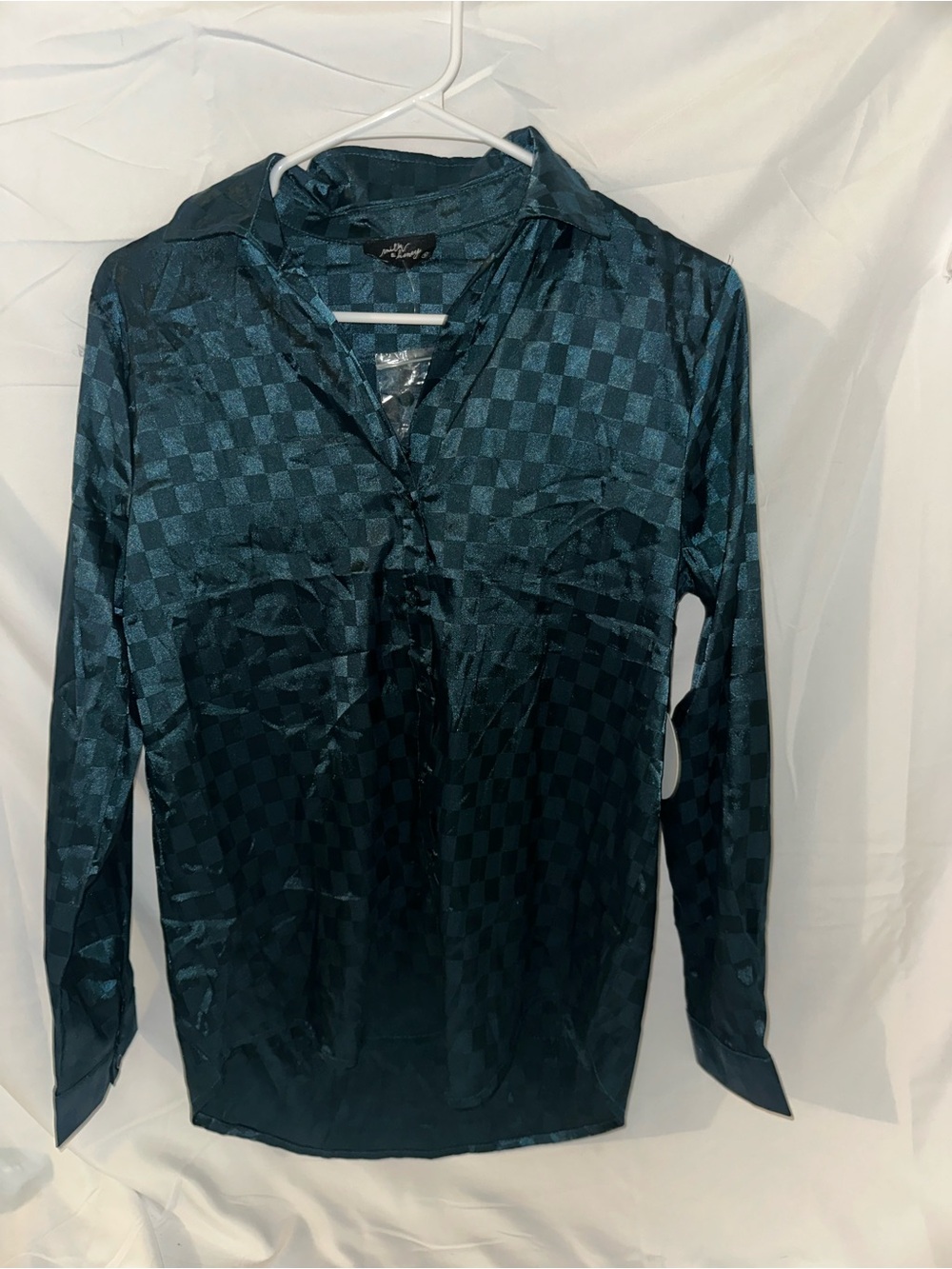 Milk & Honey Teal Satin Checkered Blouse Size S NWT
